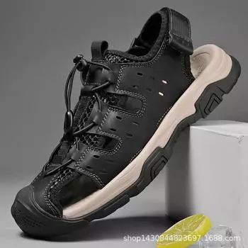 Men s shoes 2024 summer new bag head sandals men s leather outdoor sports leisure hollow beach shoes men s 38 чёрный