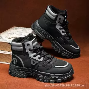 Men s shoes 2024 velvet high-top Martin boots men s tooling shoes trendy versatile thick-soled thickened warm cotton shoes 39 чёрный