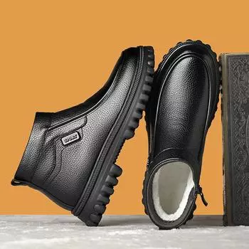Men s shoes 2024 winter velvet warm cotton shoes men s thickened snow boots men s genuine leather wool dad leather shoes 38 чёрный