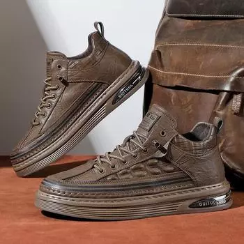 Men s shoes 2025 autumn and winter British style top leather shoes men s air cushion soft sole retro board shoes light casual shoes 39