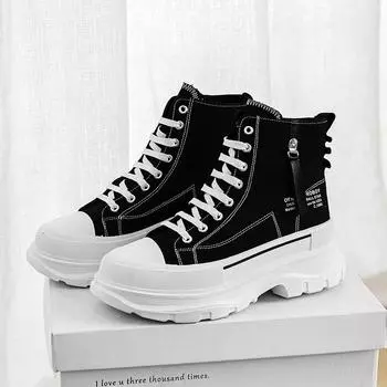 Men s shoes 2025 four seasons new fashion trend canvas shoes platform heightening wear-resistant high-top sports and leisure shoes board shoes 39