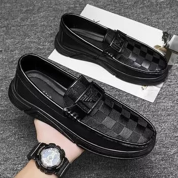 Men s shoes 2025 new plaid beanie shoes men s casual leather shoes breathable lazy driving one pedal driving shoes 39 чёрный