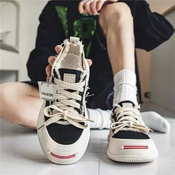 Men s shoes 2025 spring and summer niche design sense big head lace-up board shoes youth ugly cute thick sole heightening canvas shoes 39 чёрный