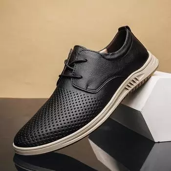 Men s shoes 2025 spring new British style trend soft sole lace-up leather shoes men s hollow breathable casual shoes 38 чёрный