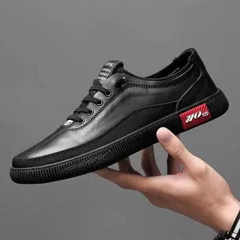 Men s shoes 2025 spring new lace-up-free flat trendy shoes men s going out soft-soled waterproof leather lazy casual shoes 37 чёрный