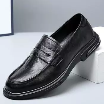 Men s shoes 2025 spring new leather platform foot cover dress business leather shoes men s one-pedal casual Doudou shoes 38 чёрный