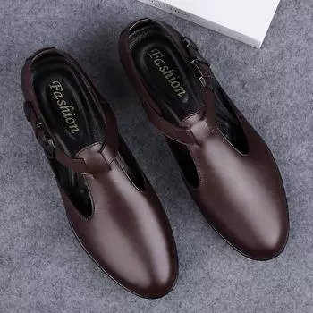 Men s shoes 2025 spring new light luxury low-top buckle hollow leather shoes men s foot cover breathable bag head casual sandals 37 чёрный