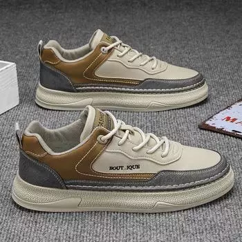 Men s shoes 2025 spring new waterproof, non-slip and shock-absorbing leather flat shoes, teenagers daily soft-soled casual trendy shoes 39 песочный