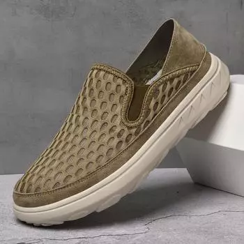 Men s shoes 2025 summer new large-size mesh one-pedal soft-soled shock-absorbing casual fly-woven breathable lazy shoes 38 песочный