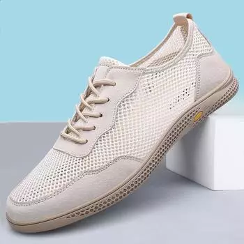 Men s shoes 2025 summer new men s fly-woven mesh breathable hollow leather shoes deodorant feet flat bottom wear-resistant casual shoes 38 чёрный