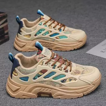 Men s shoes 2025 summer new versatile mesh breathable youth personality thick sole heightening sports style casual shoes tide 39 хаки