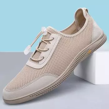 Men s shoes 2025 summer new youth flat-bottomed mesh low-top hollow leather shoes breathable mesh lazy casual shoes 38 чёрный
