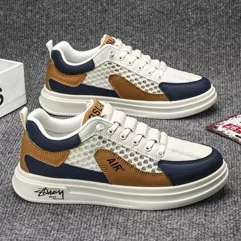 Men s shoes 2025 summer shoes new versatile leisure travel sports hollow breathable men s non-slip mesh board shoes 39 бежевый