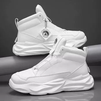 Men s shoes are new in autumn, with leather surface, medium top and platform soles, men s sports running shoes, fashionable youth leisure tide and whi 39