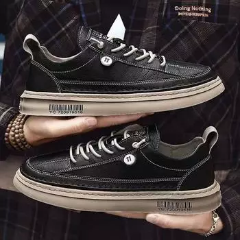 Men s shoes autumn 2025 new casual leather shoes British trend versatile men s waterproof and non-slip black board shoes trendy shoes 39 чёрный