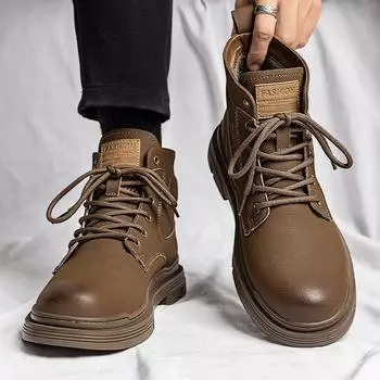 Men s shoes autumn and winter medium and high-top Martin boots new men s trend British low-top casual leather shoes retro tooling shoes 39 чёрный