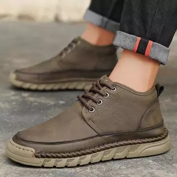 Men s shoes autumn and winter new outdoor casual leather shoes non-slip and wear-resistant medium-top lace-up sewn shoes men s velvet cotton shoes 38