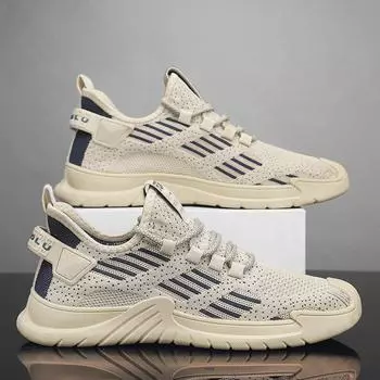 Men s Shoes Fly Woven Running Youth Low Cut Breathable Korean Fashion Lace Up Casual Mesh Shoes 39 бежевый