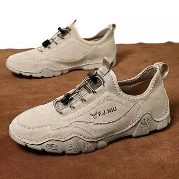 Men s shoes genuine leather 2025 spring and autumn trend versatile trendy shoes soft sole light driving fashion sports leisure bean Shoes 38 хаки