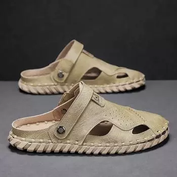 Men s shoes handmade soft sole summer casual sandals 2025 new hollow breathable beach shoes Shoes 39 бежевый