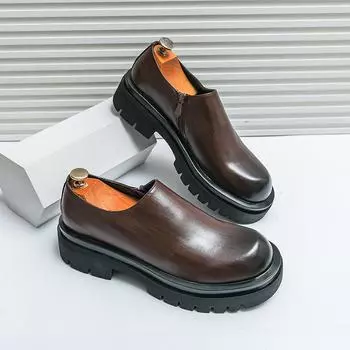 Men s shoes large size new casual leather shoes fashion British style platform leather shoes plain surface one pedal overfoot leather shoes 38