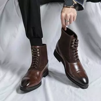 Men s shoes large size spring new leather boots fashion men s outdoor casual shoes retro lace-up high-top boots tide 38