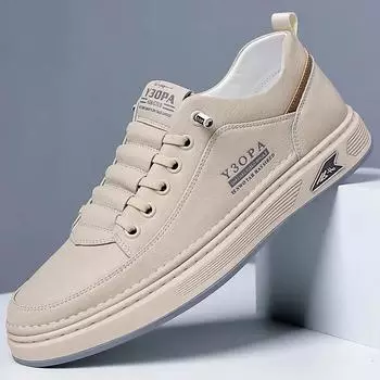 Men s Shoes Leather Casual Sneakers Breathable Walking Slip On Platform Shoes Man Flats Rubber Sole Sports Shoes Zapatillas 40 бежевый