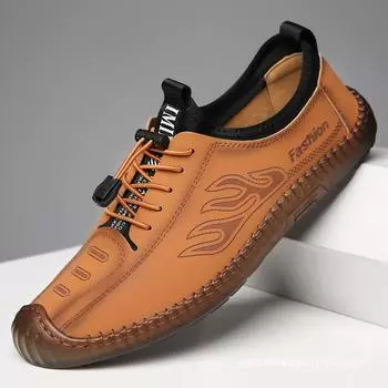 Men s shoes spring and autumn beef tendon sole one pedal lazy shoes soft sole soft surface lace-up casual leather beanie shoes 39 хаки