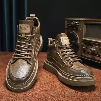 Men s shoes spring and autumn new casual board shoes solid color black British leather shoes waterproof and non-slip men s soft-soled work shoes 39