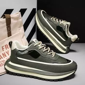 Men s shoes spring and autumn tide brand versatile student casual leather surface sports running thick sole heightening Internet celebrity dad tide s 39