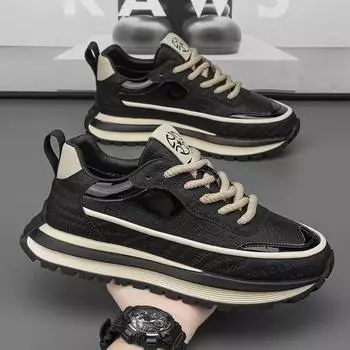 Men s shoes spring and summer new dad shoes comfortable leather surface thick sole heightening shoes versatile fashion casual shoes 39 бежевый