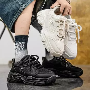 Men s shoes spring and summer versatile student casual mesh sports running thick sole heightening black dad tide white shoes non-slip 39