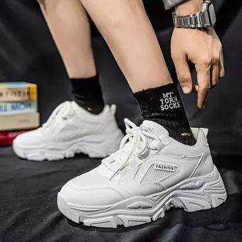 Men s shoes spring and summer versatile students casual mesh sports running thick sole heightening black dad tide white shoes non-slip 39