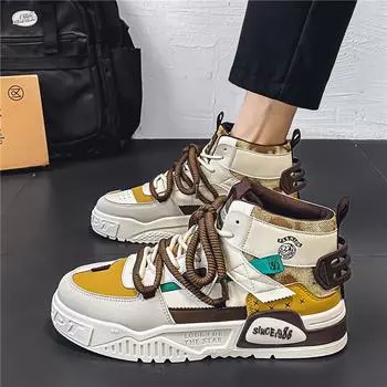 Men s shoes spring breathable 2024 new high-top leather surface Korean version sports and leisure versatile student heightening board shoes trendy 39
