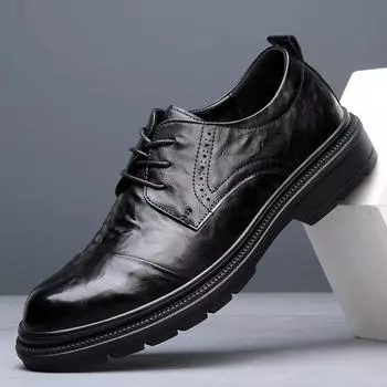 Men s shoes spring breathable 2025 new trend casual shoes leather platform British business dress men s leather shoes 38 чёрный