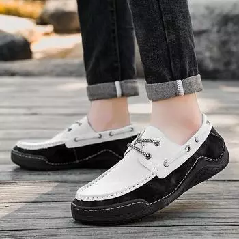 Мужская обувь, весенняя повседневная кожаная обувь в стиле ретро, мужская универсальная обувь, мужские модные туфли-бобы с цветовыми блоками 46 чёрный