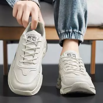 Men s shoes spring trendy brand versatile student casual leather surface sports running thick sole heightening little white dad trendy shoes non-slip 39