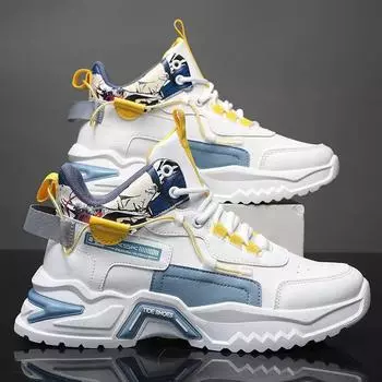 Men s shoes spring trendy brand versatile student casual leather surface sports running thick sole heightening little white dad trendy shoes non-slip 39