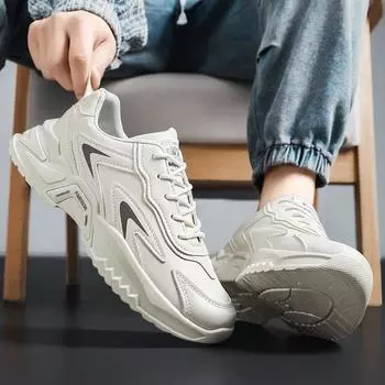 Men s shoes spring trendy brand versatile student casual leather surface sports running thick sole heightening little white dad trendy shoes non-slip 39