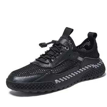 Men s shoes summer 2025 new breathable leather large size lightweight mesh shoes summer mesh hollow youth trendy shoes 38