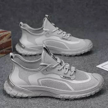 Men s shoes summer 2025 new flying woven thin mesh sports mesh shoes men s versatile lightweight soft sole non-slip moisture shoes 39 бежевый