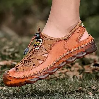 Men s shoes summer breathable thin men s sports and leisure trend leather shoes beach sandals net shoes one Shoes 38