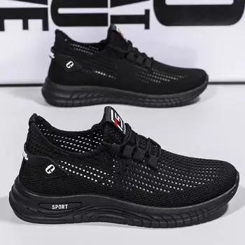 Men s shoes summer fly-woven mesh breathable men s sports shoes hollow versatile trendy shoes fashionable youth casual shoes 39 чёрный