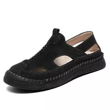 Men s shoes summer hollow leather sandals men s large size bag head outdoor casual beach shoes driving soft-soled hole shoes 38