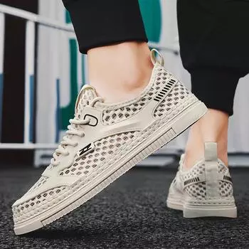 Men s shoes summer mesh breathable sports casual mesh shoes men s board shoes non-slip lightweight thin hollow mesh trendy shoes 39 бежевый