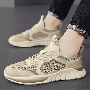 Men s shoes summer mesh breathable trendy shoes 2025 new men s casual shoes soft sole thin outdoor sports Shoes 39 абрикосовый