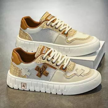 Men s shoes summer new leather splicing mesh breathable comfortable thick sole heightening board shoes men s casual work trendy shoes 39