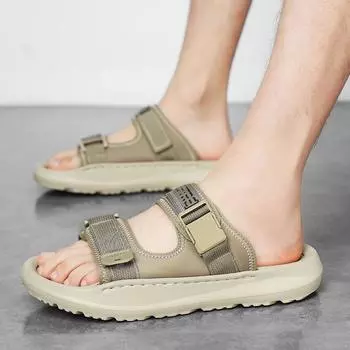 Men s shoes summer outer slippers 2025 new breathable beach thick-soled cool slippers men s one-word drag trendy Shoes 38 чёрный