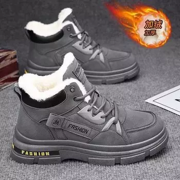 Men s shoes winter snow boots velvet thickened Martin boots 2024 autumn and winter new leather-faced high-top tooling cotton shoes 39 чёрный