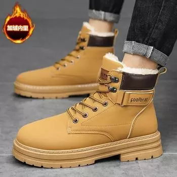 Men s shoes winter velvet 2024 new high-top Martin boots tooling rhubarb boots casual warm cotton shoes big head leather shoes 39 чёрный